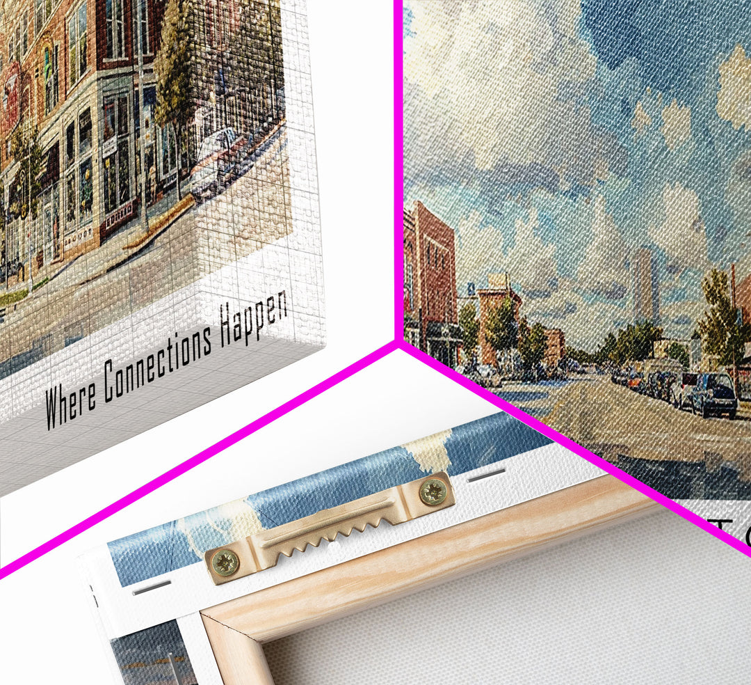 Carrolton Texas Panoramic Watercolor Painting Framed Canvas Print, Travel Poster Art, Home Decor, Vibrant Texas Cityscape, Living Room Wall Art, Office Decoration, Gift for Texans