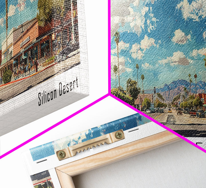 Chandler Arizona Panoramic Watercolor Painting Framed Canvas Print, Travel Poster Art, Home Decor, Desert Cityscape, Bedroom Wall Art, Office Decoration, Unique Travel Gift