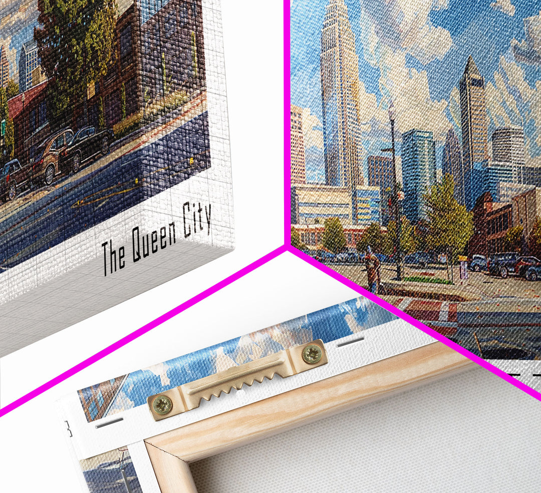 Charlotte North Carolina Panoramic Watercolor Painting Framed Canvas Print, Travel Poster Art, Urban Cityscape, Living Room Decor, Wall Art, Office Decoration, North Carolina Gift