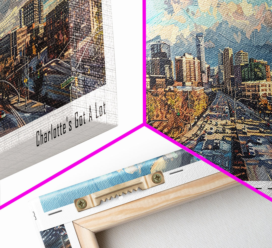 Charlotte North Carolina Panoramic Watercolor Painting Framed Canvas Print, Travel Poster Art, Urban Landscape, Home Decor, Bedroom Wall Art, Office Decoration, Unique Travel Gift