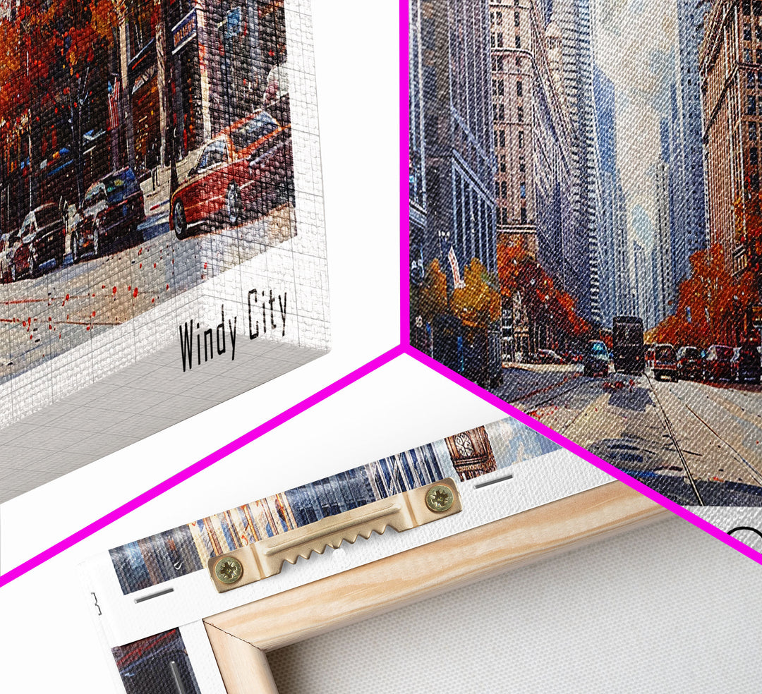 Chicago Illinois Panoramic Watercolor Painting Framed Canvas Print, Travel Poster Art, Urban Cityscape, Home Decor, Living Room Wall Art, Office Decoration, Gift for Chicago Lovers