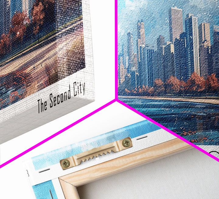 Chicago Illinois Panoramic Watercolor Painting Framed Canvas Print, Travel Poster Art, Urban Landscape, Bedroom Wall Art, Living Room Decoration, Office Wall Art, Windy City Gift