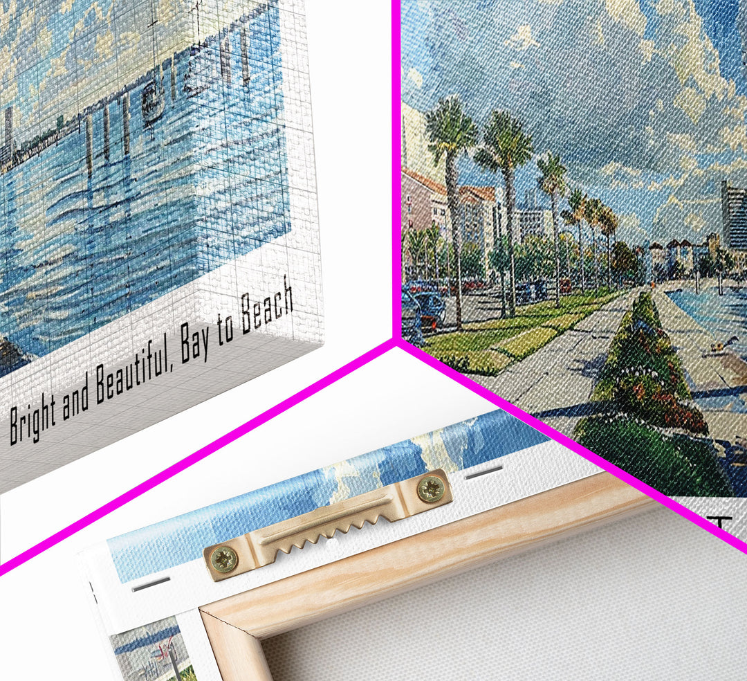 Clearwater Florida Panoramic Watercolor Painting Framed Canvas Print, Travel Poster Art, Coastal View, Home Decor, Wall Hanging, Office Art, Gift for Beach Lovers
