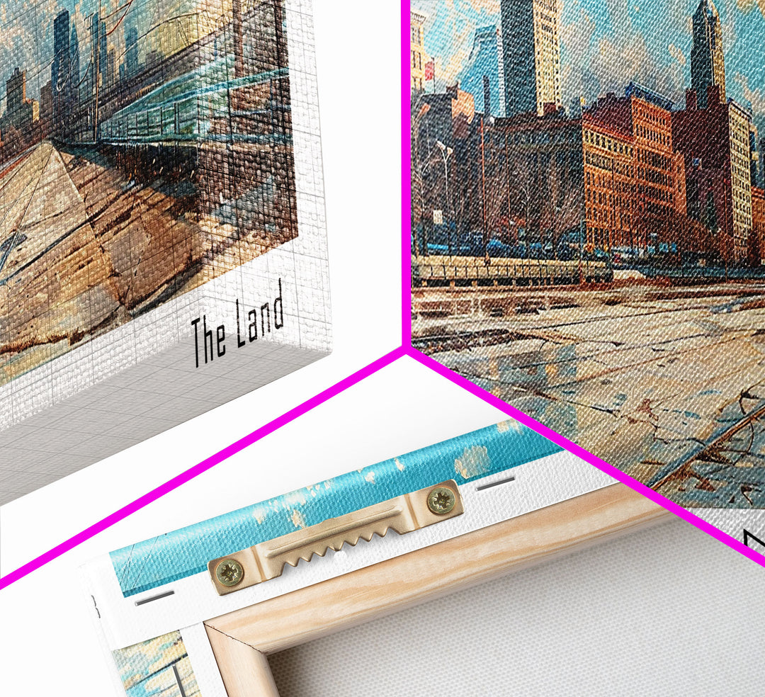 Cleveland Ohio Panoramic Watercolor Painting Framed Canvas Print, Travel Poster Art, Urban Cityscape, Home Decor, Living Room Wall Art, Office Decoration, Gift for Ohioans