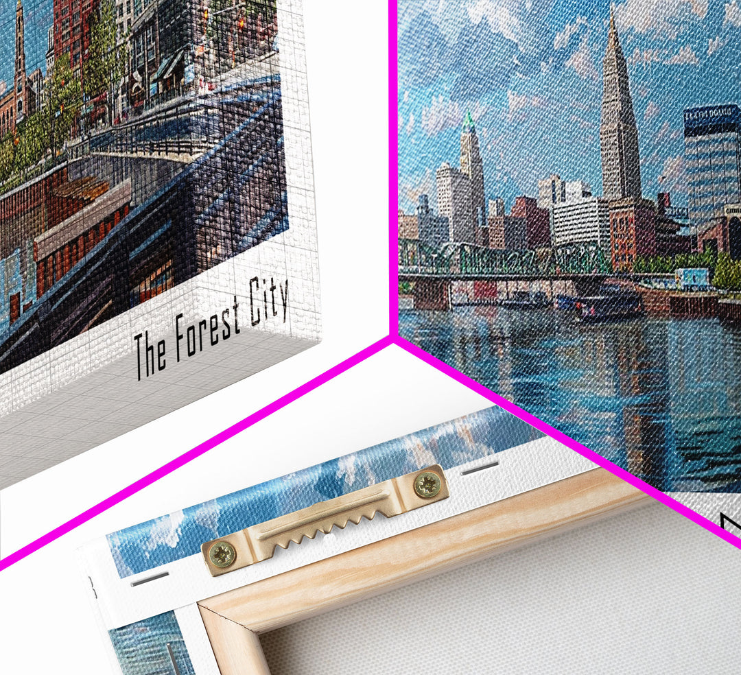 Cleveland Ohio Panoramic Watercolor Painting Framed Canvas Print, Travel Poster Art, Urban Landscape, Bedroom Wall Art, Living Room Decoration, Office Wall Art, Ohio-Themed Gift