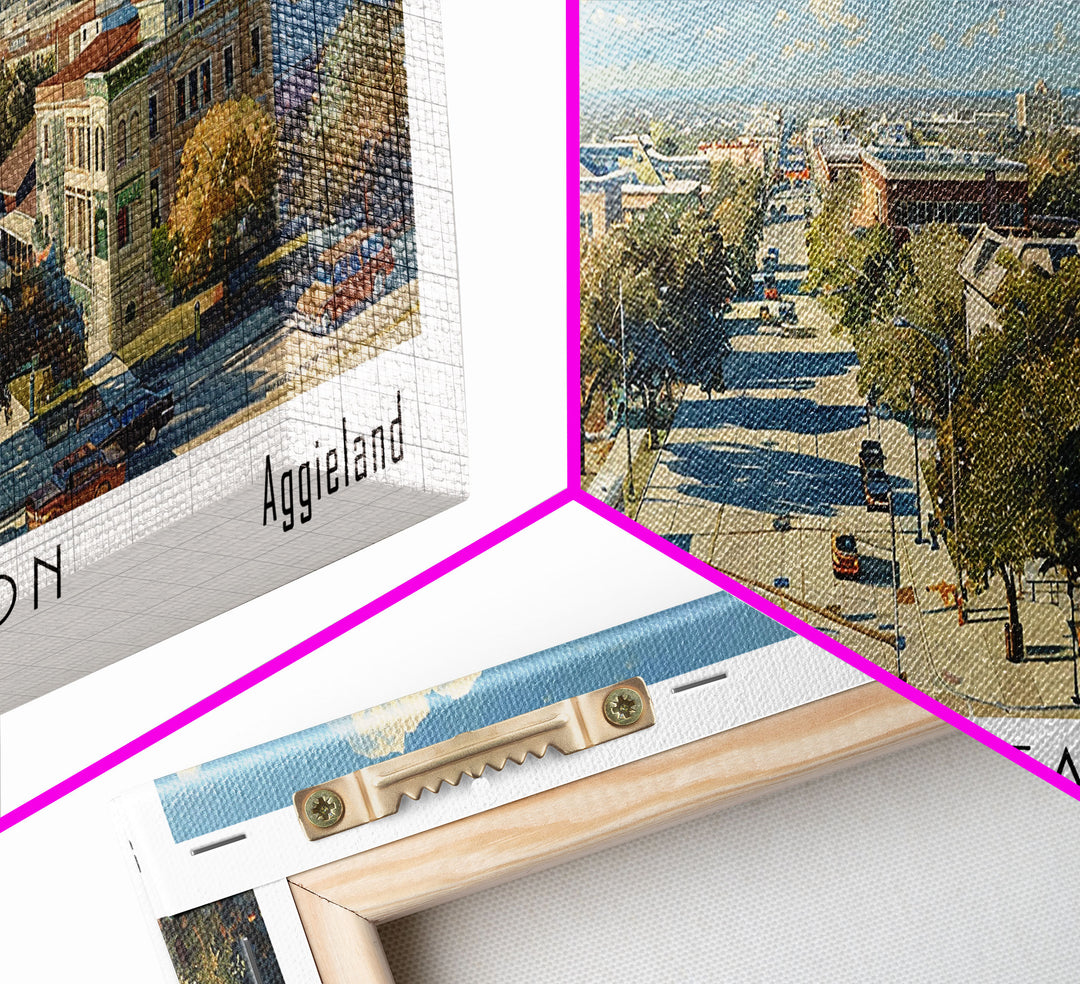 College Station Texas Panoramic Watercolor Painting Framed Canvas Print, Travel Poster Art, Cityscape, Living Room Decor, Wall Hanging, Office Art, Texas-Themed Gift