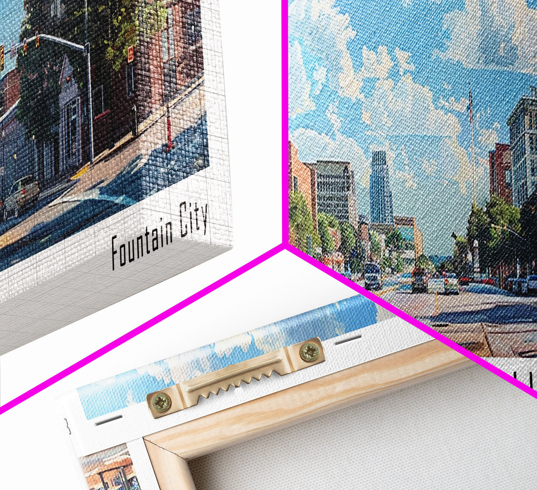 Columbus Georgia Panoramic Watercolor Painting Framed Canvas Print, Travel Poster Art, Picturesque Landscape, Home Decor, Living Room Wall Art, Office Decoration, Unique Travel Gift