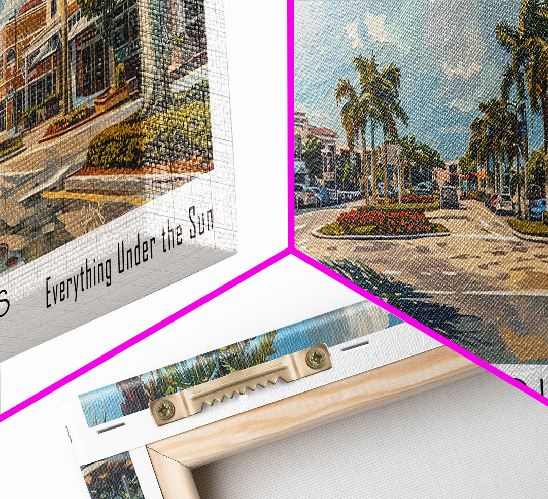 Coral Springs Florida Panoramic Watercolor Painting Framed Canvas Print, Travel Poster Art, Coastal View, Home Decor, Living Room Wall Art, Office Decoration, Gift for Beach Lovers
