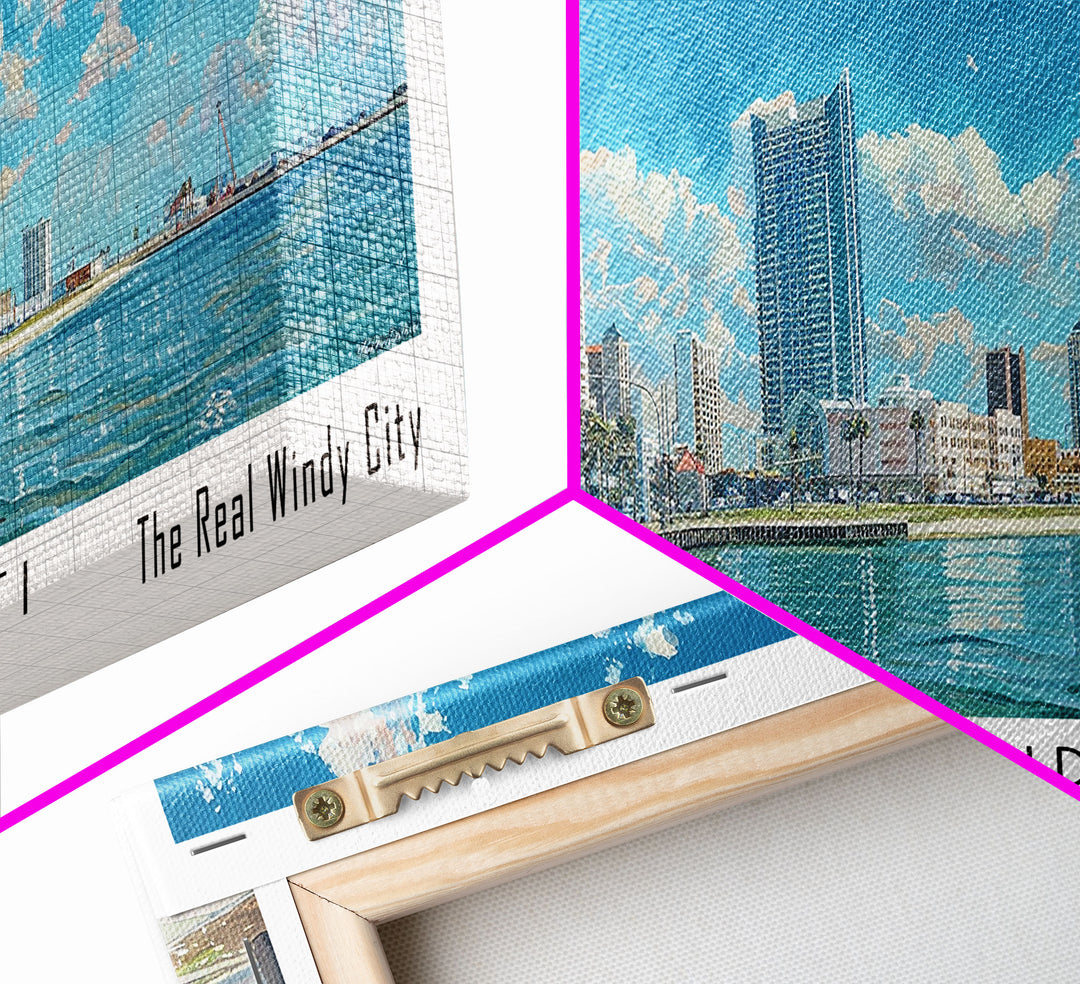 Corpus Christi Texas Panoramic Watercolor Painting, Scenic Framed Canvas Print, Coastal Wall Art for Living Room, Travel Decor, City Print, Vacation Gift