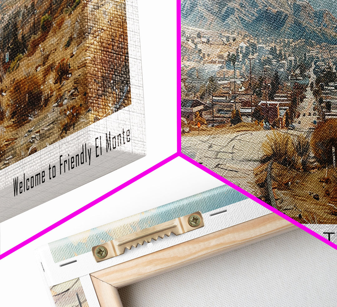 El Monte California Panoramic Watercolor Painting, Scenic Framed Canvas Print, Urban Wall Art for Office, Travel Decor, City Print, Gift Idea