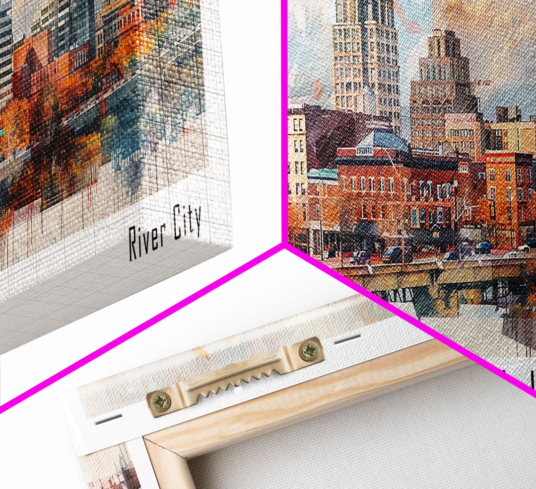 Evansville Indiana Panoramic Watercolor Painting, Scenic Framed Canvas Print, Urban Wall Art for Living Room, Travel Poster, Home Decor, City Gift Idea