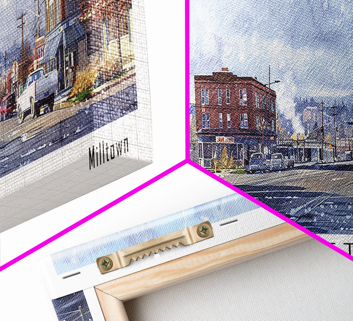 Everett Washington Panoramic Watercolor Painting, Scenic Framed Canvas Print, Urban Wall Art for Office, Travel Decor, City Print, Gift Idea
