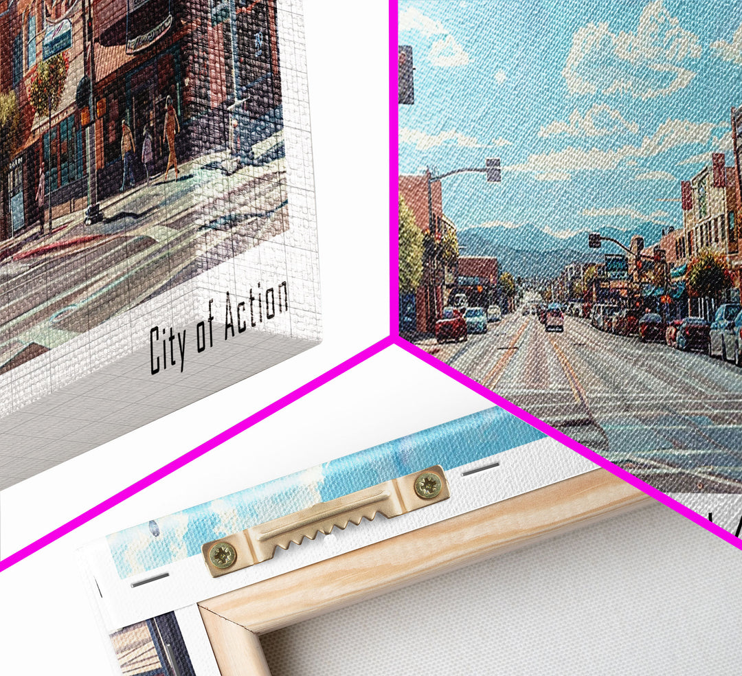 Fontana California Panoramic Watercolor Painting, Scenic Framed Canvas Print, Urban Wall Art for Living Room, Travel Poster, Home Decor, City Gift Idea