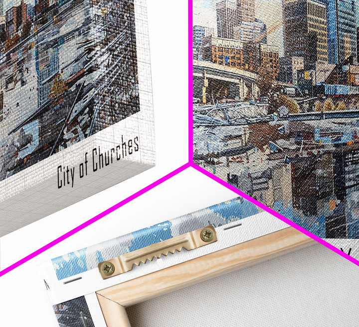 Fort Wayne Indiana Panoramic Watercolor Painting, Scenic Framed Canvas Print, Urban Wall Art for Office, Travel Decor, City Print, Gift Idea