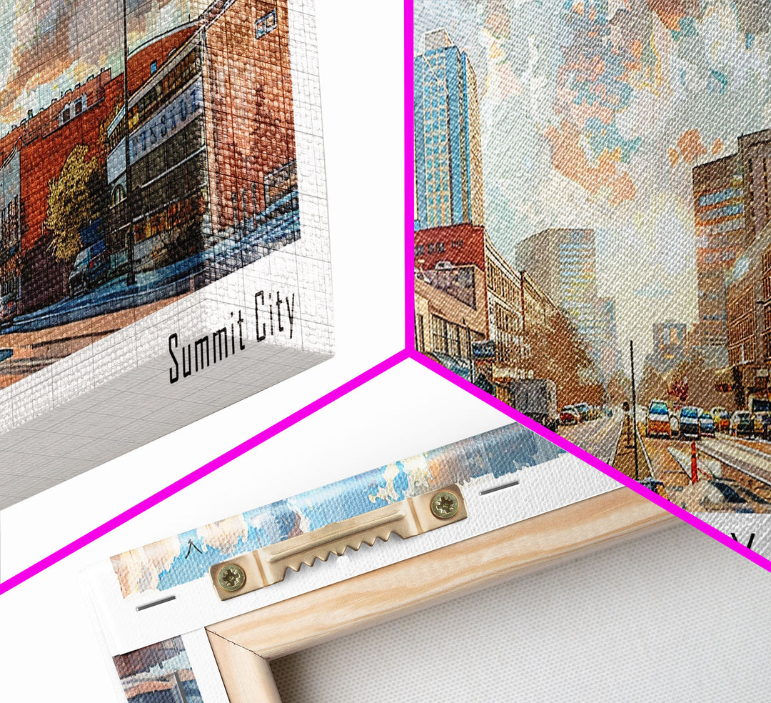 Fort Wayne Indiana Panoramic Watercolor Painting, Urban Framed Canvas Print, Cityscape Wall Art for Living Room, Travel Decor, Home Gift Idea