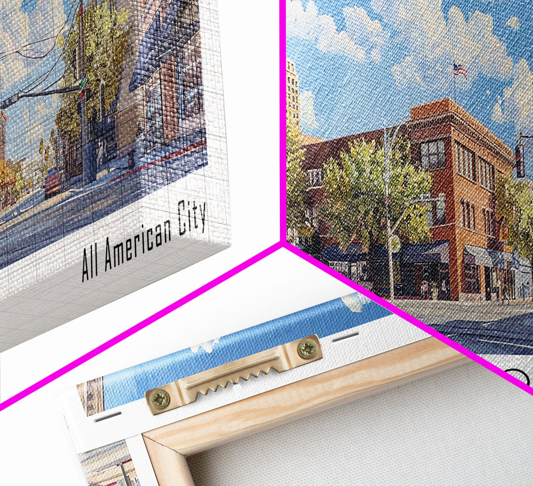 Fresno California Panoramic Watercolor Painting, Scenic Framed Canvas Print, Urban Wall Art for Living Room, Travel Decor, City Print, Gift Idea