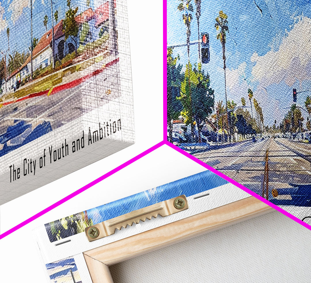 Garden Grove California Panoramic Watercolor Painting, Urban Framed Canvas Print, Cityscape Wall Art for Living Room, Travel Decor, Office Art, Gift Idea