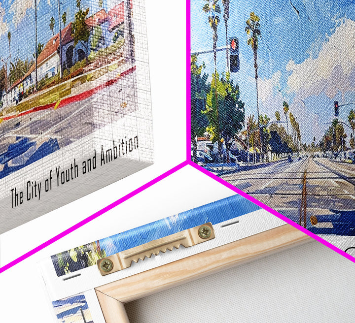 Garden Grove California Panoramic Watercolor Painting, Urban Framed Canvas Print, Cityscape Wall Art for Living Room, Travel Decor, Office Art, Gift Idea
