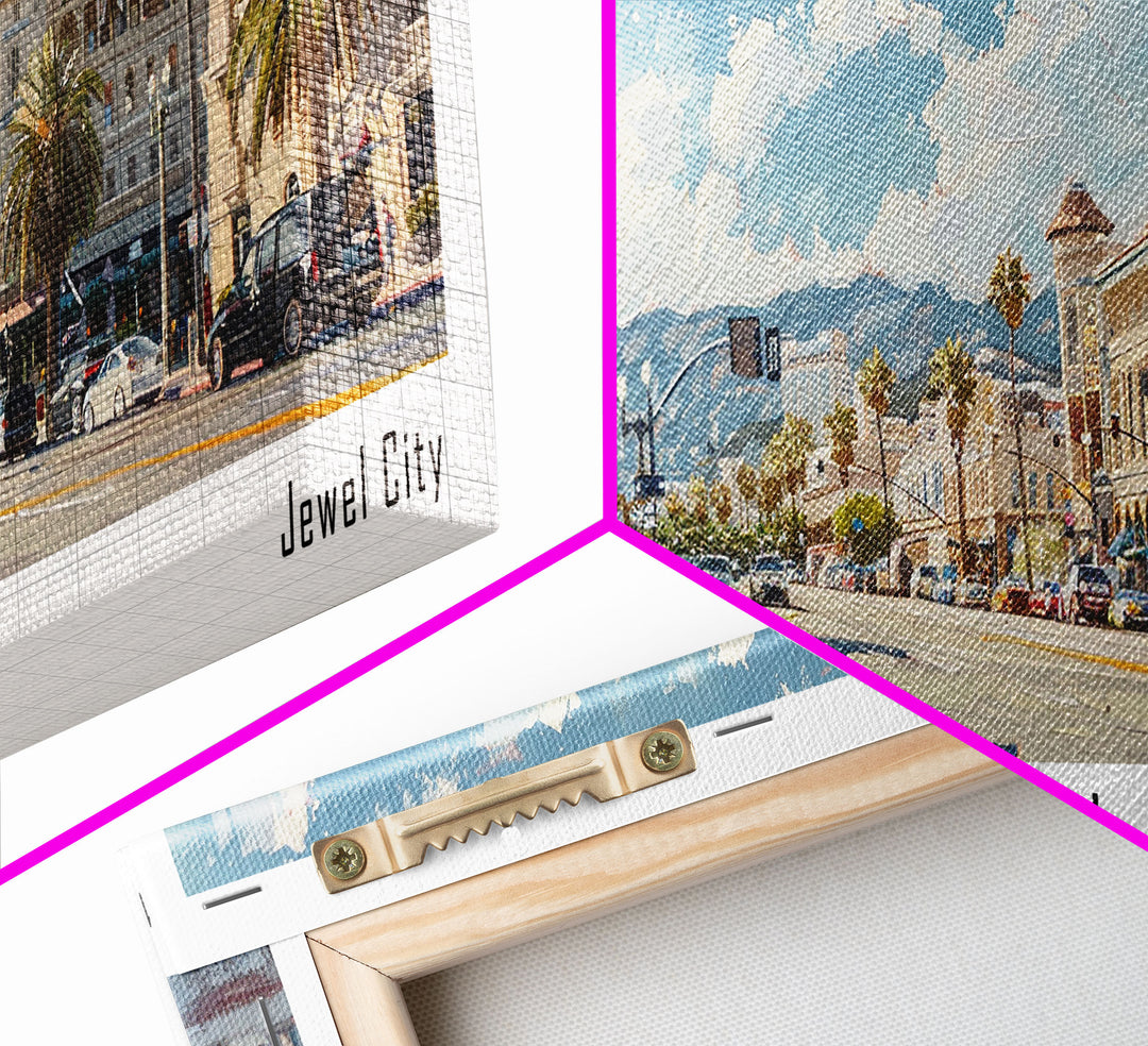 Glendale California Panoramic Watercolor Painting, Urban Framed Canvas Print, Cityscape Wall Art for Living Room, Travel Poster, Home Decor, City Gift Idea