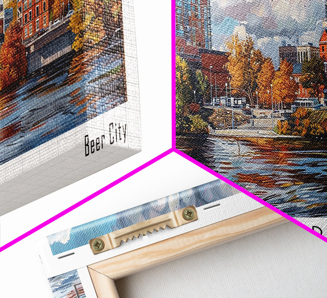 Grand Rapids Michigan Panoramic Watercolor Painting, Urban Framed Canvas Print, Cityscape Wall Art for Office, Travel Decor, Home Gift Idea
