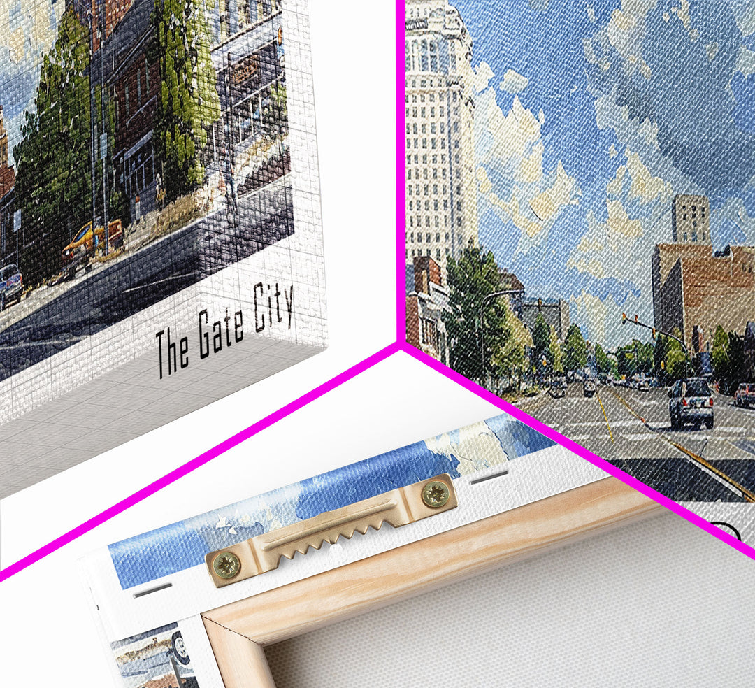 Greensboro North Carolina Panoramic Watercolor Painting, Urban Framed Canvas Print, Cityscape Wall Art for Office, Travel Decor, Home Gift Idea