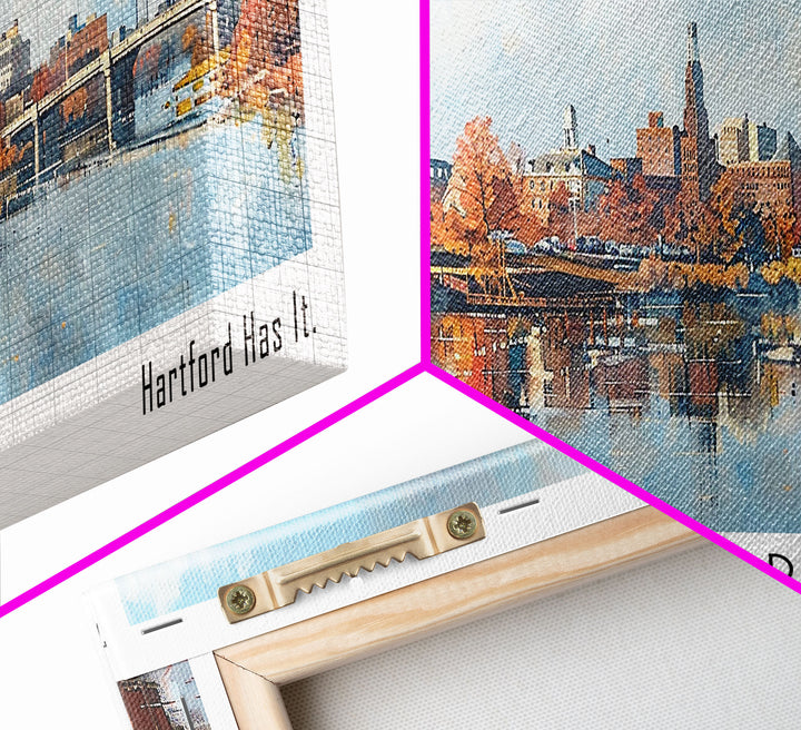 Hartford Connecticut Panoramic Watercolor Painting, Urban Framed Canvas Print, Cityscape Wall Art for Office, Travel Decor, Home Gift Idea
