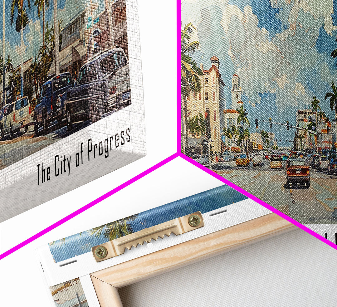 Hialeah Florida Panoramic Watercolor Painting, Urban Framed Canvas Print, Cityscape Wall Art for Office, Travel Decor, Home Gift Idea