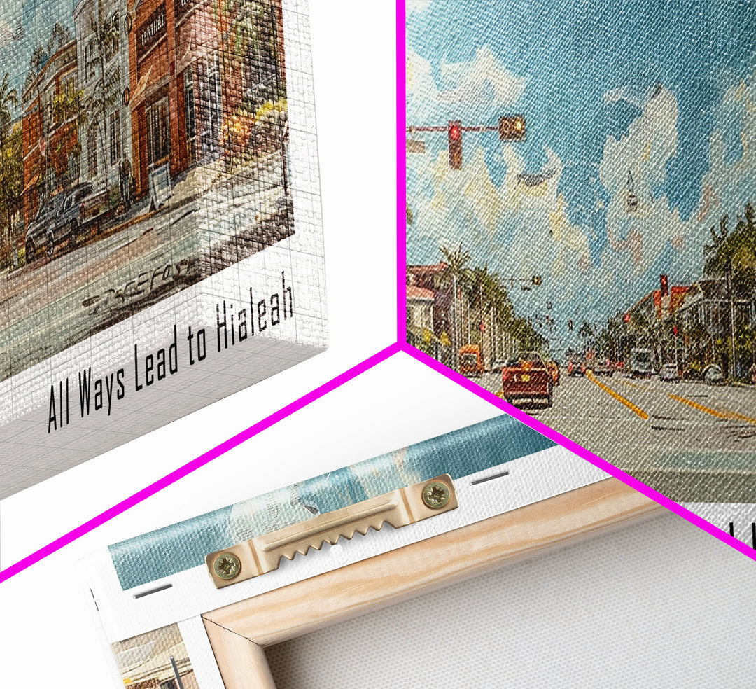 Hialeah Florida Panoramic Watercolor Painting, Urban Framed Canvas Print, Cityscape Wall Art for Living Room, Travel Decor, Home Gift Idea