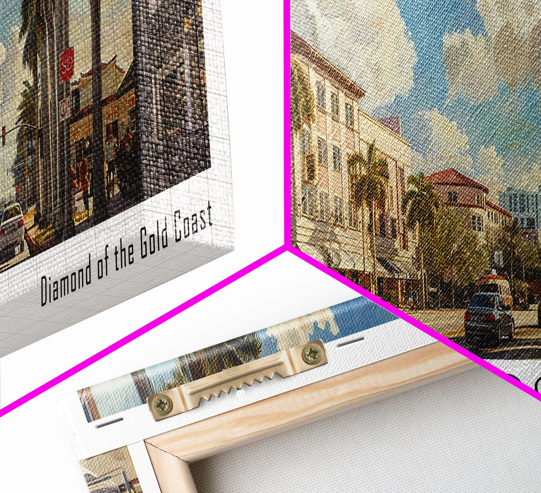 Hollywood Florida Panoramic Watercolor Painting, Urban Framed Canvas Print, Cityscape Wall Art for Living Room, Travel Poster, Home Decor, City Gift Idea