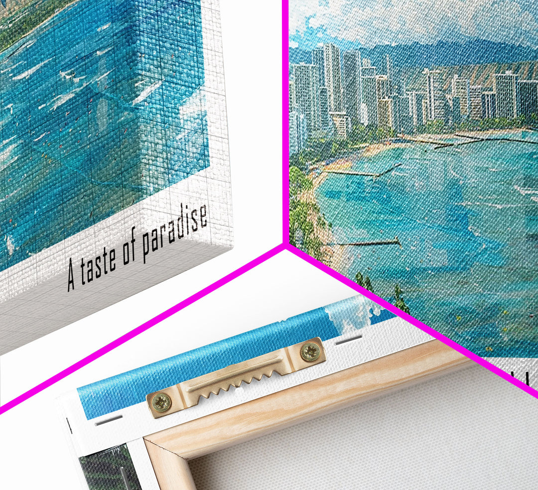Honolulu Hawaii Panoramic Watercolor Painting, Urban Framed Canvas Print, Cityscape Wall Art for Office, Travel Decor, Home Gift Idea