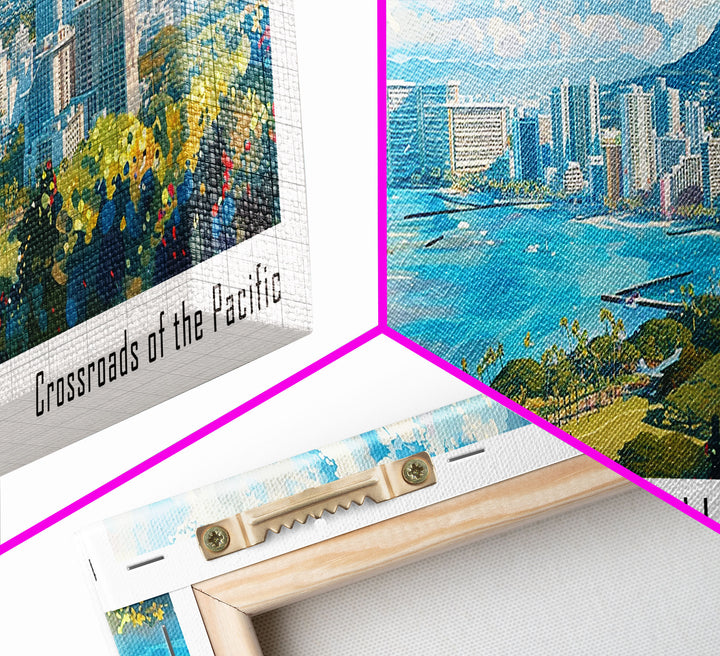 Honolulu Hawaii Panoramic Watercolor Painting, Urban Framed Canvas Print, Cityscape Wall Art for Living Room, Travel Poster, Home Decor, City Gift Idea