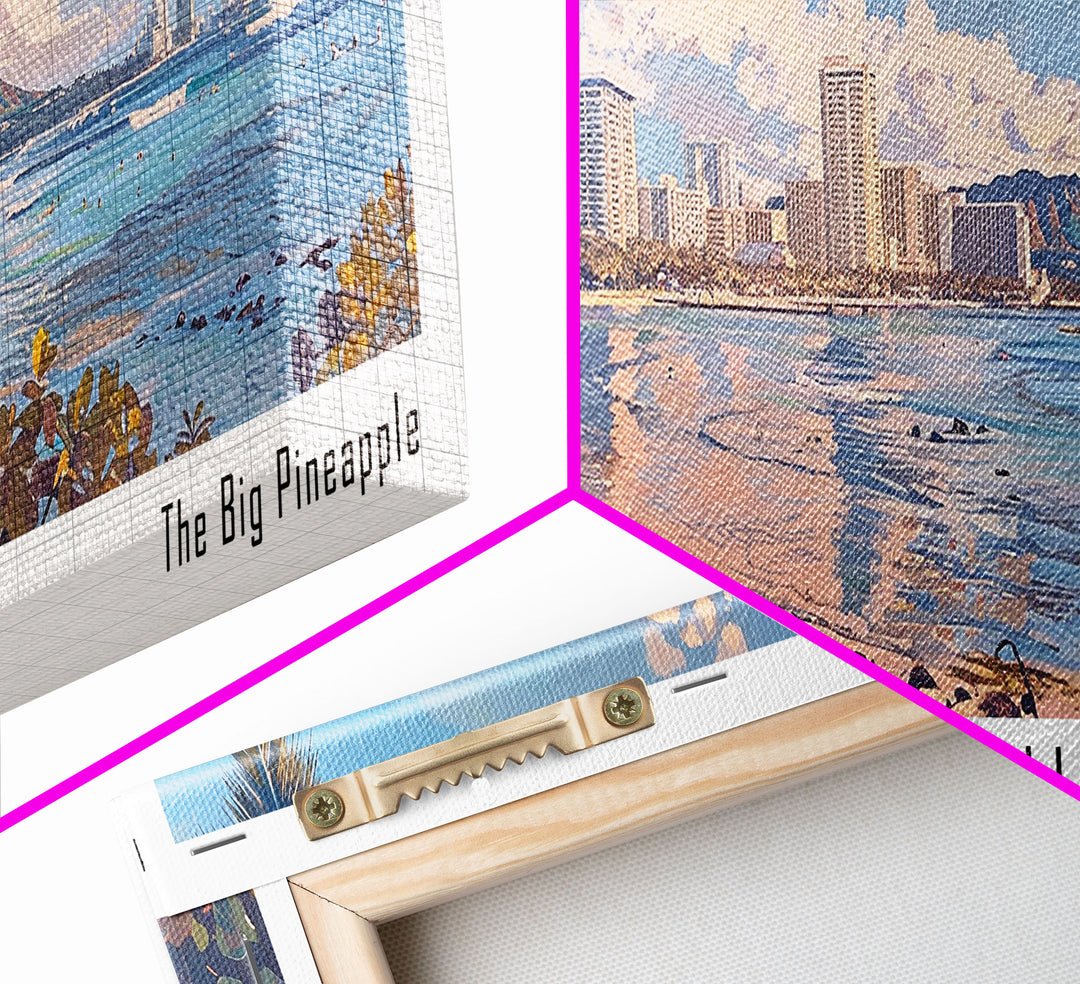 Honolulu Hawaii Panoramic Watercolor Painting, Urban Framed Canvas Print, Cityscape Wall Art for Office, Travel Decor, Home Gift Idea