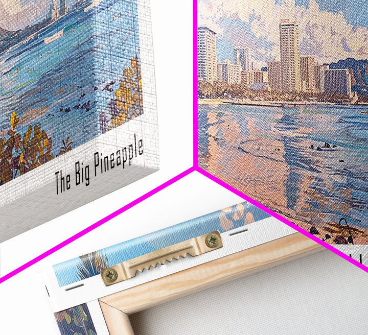 Honolulu Hawaii Panoramic Watercolor Painting, Urban Framed Canvas Print, Cityscape Wall Art for Office, Travel Decor, Home Gift Idea