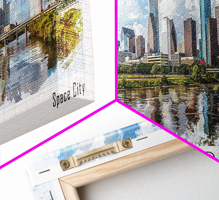 Houston Texas Panoramic Watercolor Painting, Urban Framed Canvas Print, Cityscape Wall Art for Living Room, Travel Poster, Home Decor, City Gift Idea