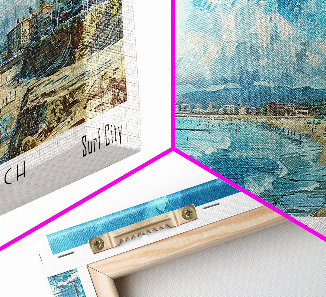 Huntington Beach California Panoramic Watercolor Painting, Urban Framed Canvas Print, Cityscape Wall Art for Office, Travel Decor, Home Gift Idea