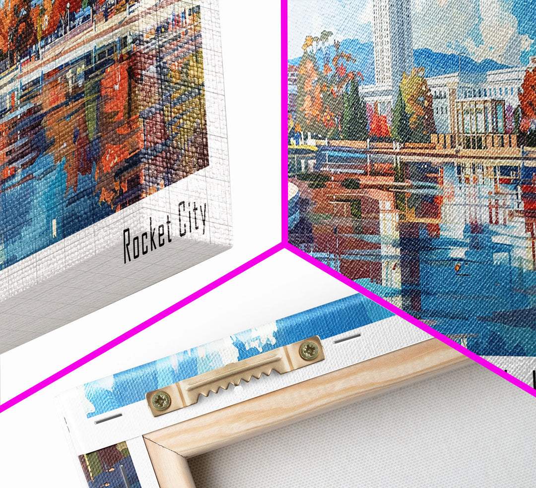 Huntsville Alabama Panoramic Watercolor Painting, Urban Framed Canvas Print, Cityscape Wall Art for Office, Travel Decor, Home Gift Idea