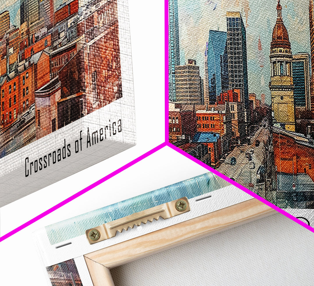 Indianapolis Indiana Panoramic Watercolor Painting, Urban Framed Canvas Print, Cityscape Wall Art for Office, Travel Decor, Home Gift Idea