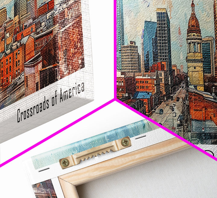 Indianapolis Indiana Panoramic Watercolor Painting, Urban Framed Canvas Print, Cityscape Wall Art for Office, Travel Decor, Home Gift Idea