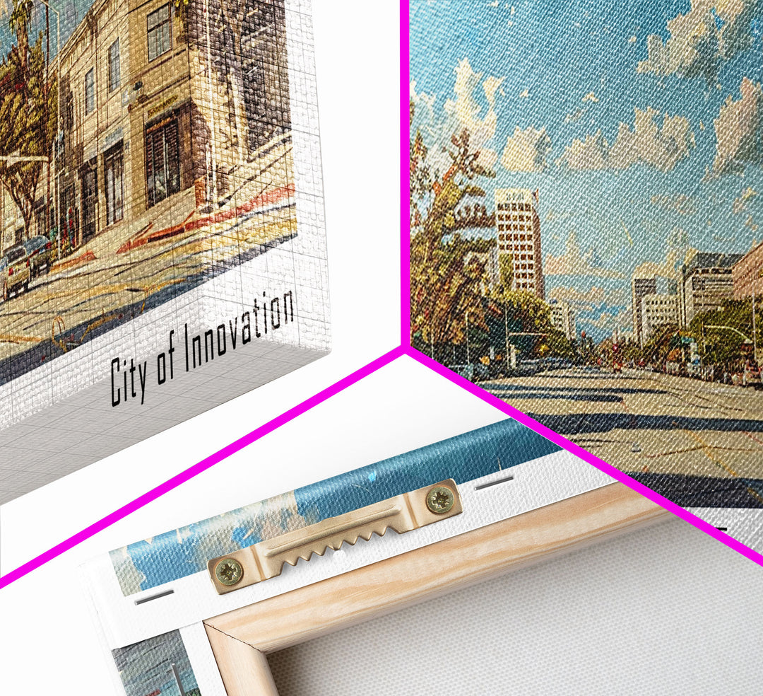 Irvine California Panoramic Cityscape Painting, Framed Canvas Print for Home, Office Wall Art, Urban Decor, Watercolor Travel Poster