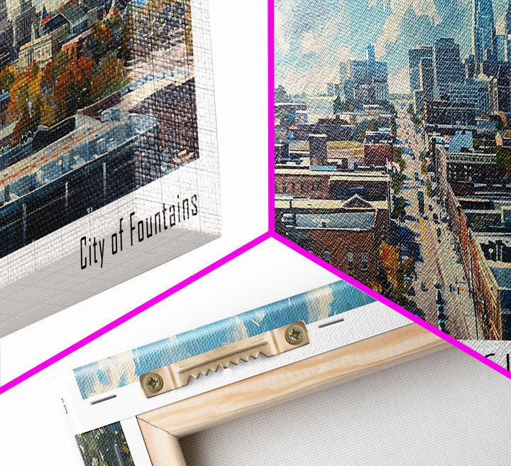 Kansas City Kansas Panoramic Watercolor Cityscape, Framed Canvas Print for Living Room, Office Wall Art, Urban Decor, Travel Poster