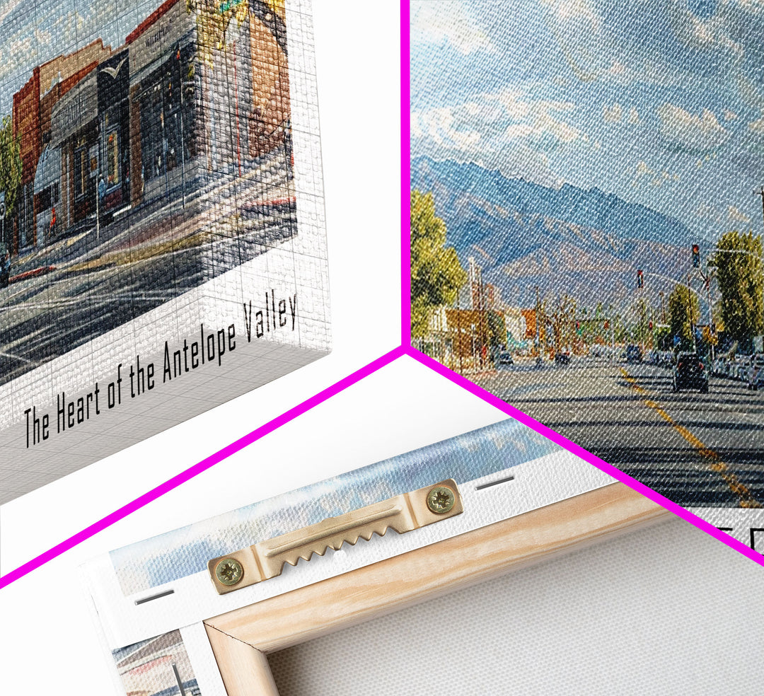 Lancaster California Panoramic Cityscape Painting, Framed Canvas Print, Urban Decor, Office Wall Art, Watercolor Travel Poster, Home Decoration