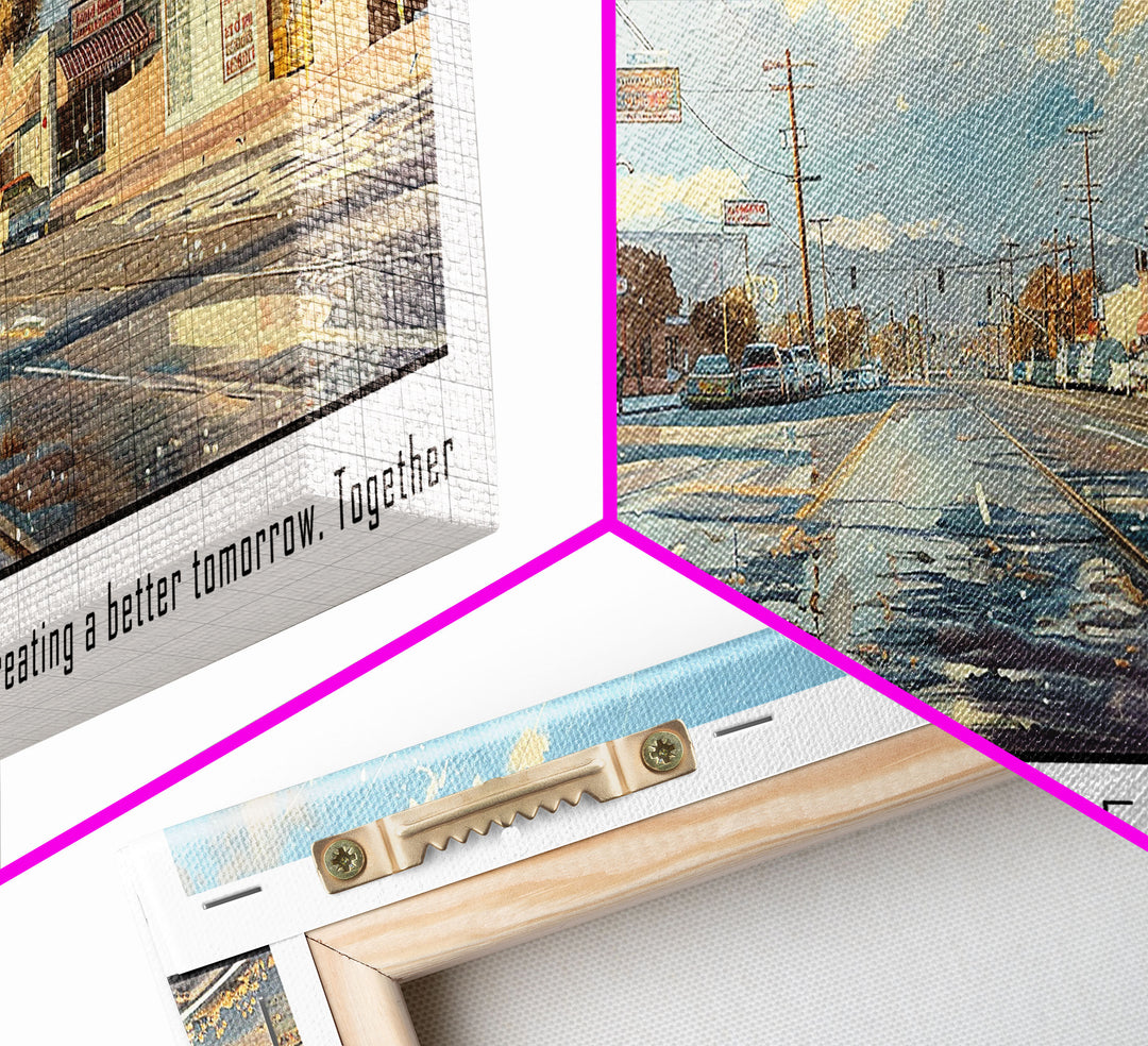 Lancaster California Panoramic Cityscape Wall Art, Watercolor Framed Canvas Print, Urban Painting for Living Room, Office Decor, Travel Poster