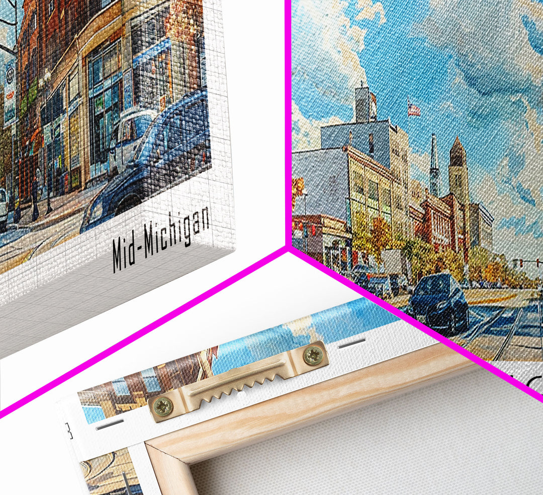 Lansing Michigan Panoramic Cityscape Wall Art, Watercolor Framed Canvas Print, Urban Painting for Living Room, Office Decor, Travel Poster
