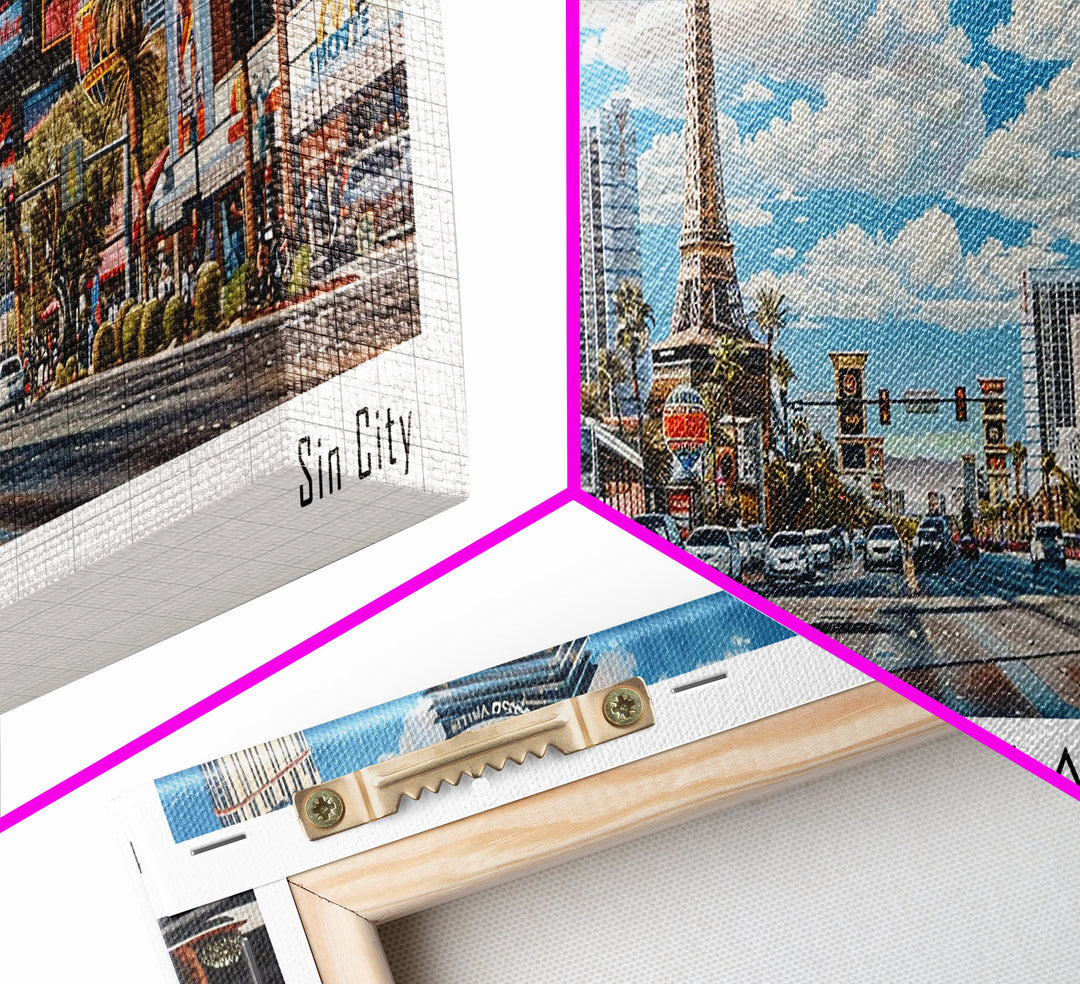 Las Vegas Nevada Panoramic Watercolor Cityscape, Framed Canvas Print for Living Room, Office Wall Art, Urban Decor, Travel Poster