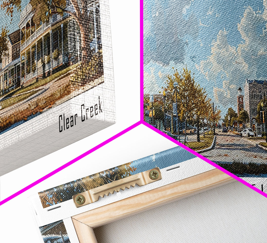 League City Texas Panoramic Cityscape Wall Art, Watercolor Framed Canvas Print, Urban Painting for Living Room, Office Decor, Travel Poster