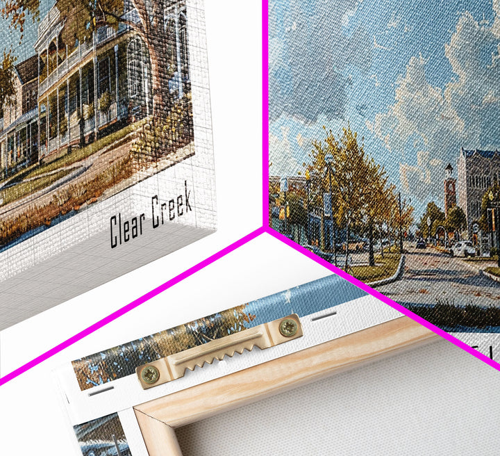League City Texas Panoramic Cityscape Wall Art, Watercolor Framed Canvas Print, Urban Painting for Living Room, Office Decor, Travel Poster