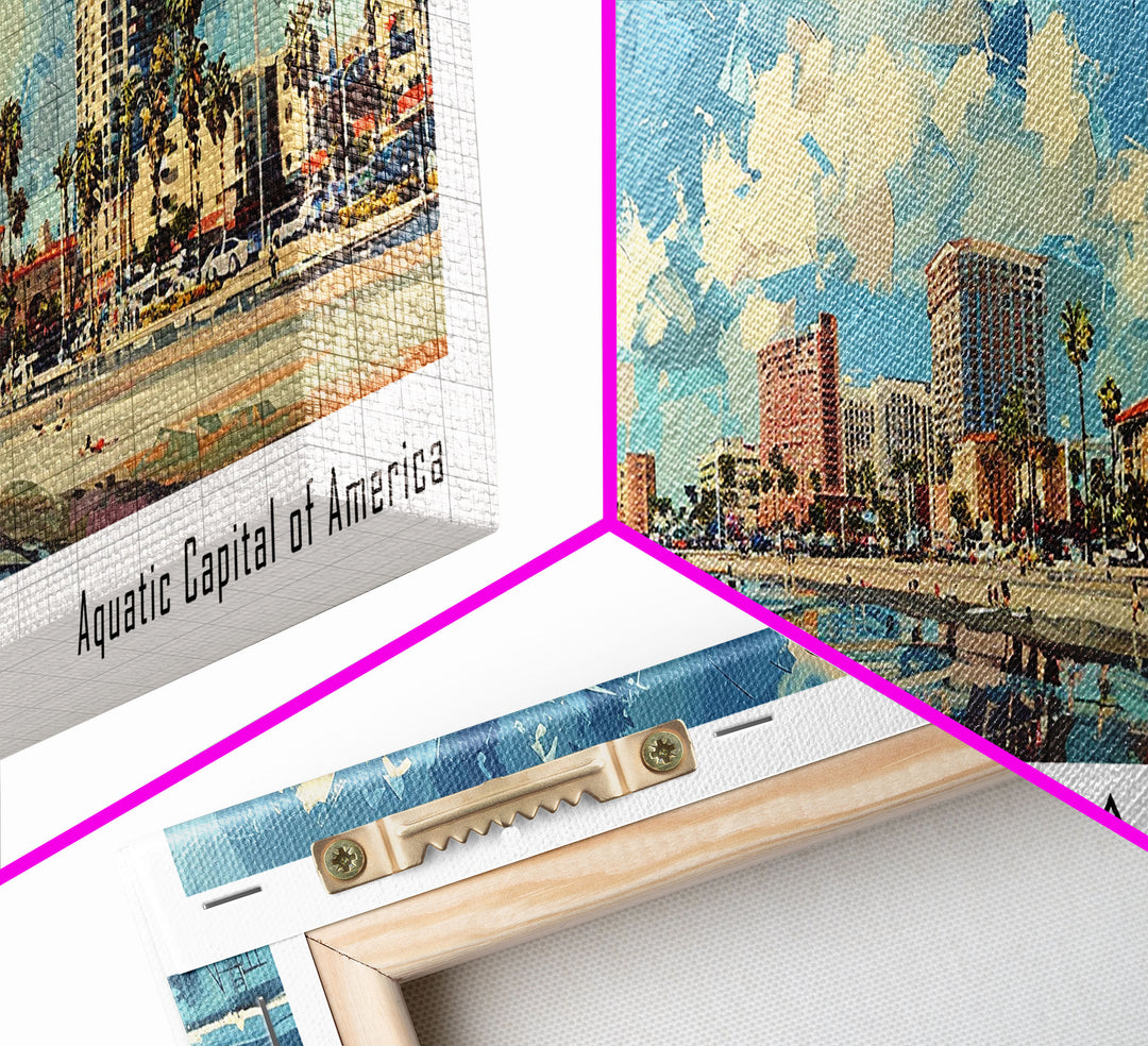 Long Beach California Panoramic Cityscape Painting, Framed Canvas Print, Urban Decor, Office Wall Art, Watercolor Travel Poster, Home Decoration