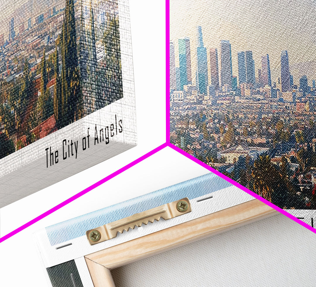 Los Angeles California Panoramic Cityscape Wall Art, Watercolor Framed Canvas Print, Urban Painting for Living Room, Office Decor, Travel Poster