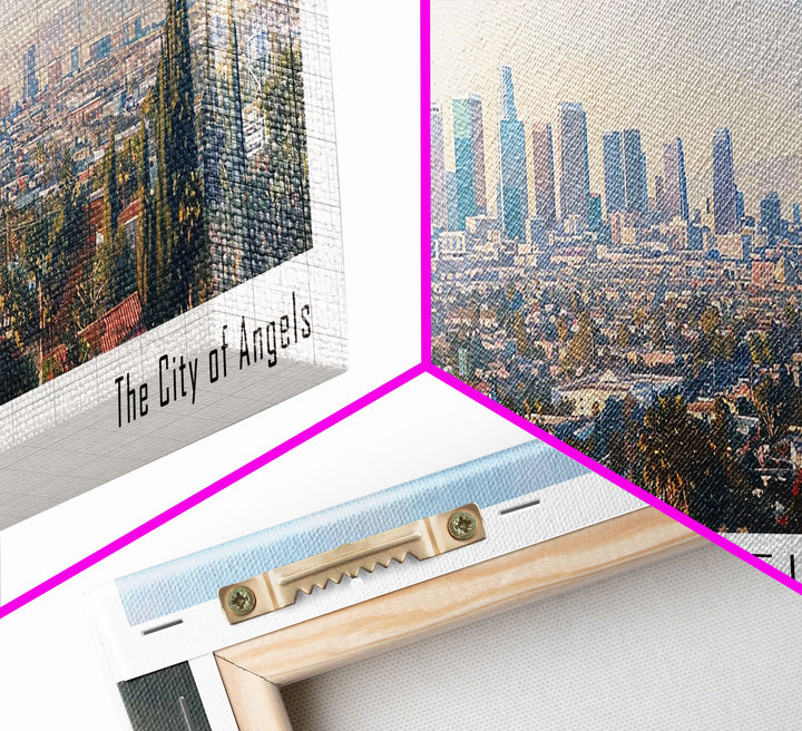Los Angeles California Panoramic Cityscape Wall Art, Watercolor Framed Canvas Print, Urban Painting for Living Room, Office Decor, Travel Poster