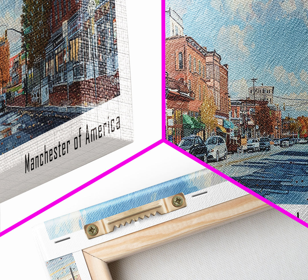 Lowell Massachusetts Panoramic Watercolor Cityscape, Framed Canvas Print for Living Room, Office Wall Art, Urban Decor, Travel Poster